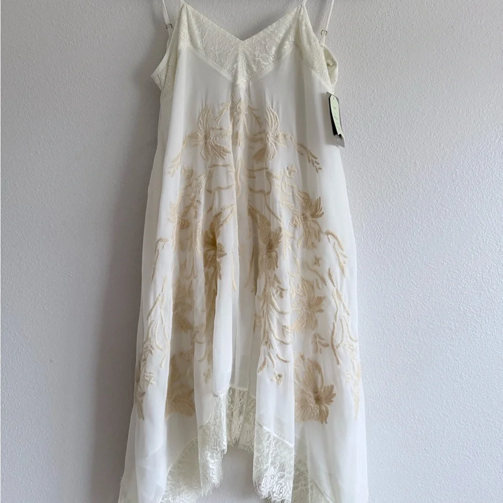 Anthropologie E by Eloise Maluku floral Embroidered Chemise lace Dress Ivory XS